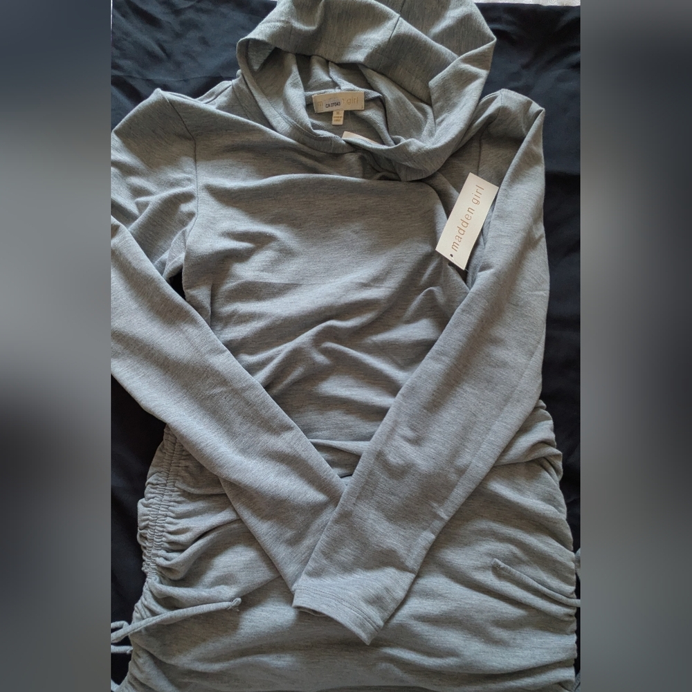 Madden Girl Heather Gray Hooded Long Sleeve Ruched Sweatshirt Dress